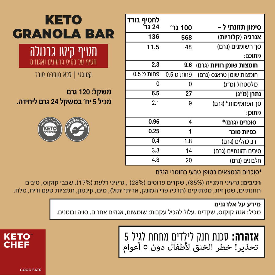 חטיף גרנולה קיטו · 5 חטיפים של 24 גרם